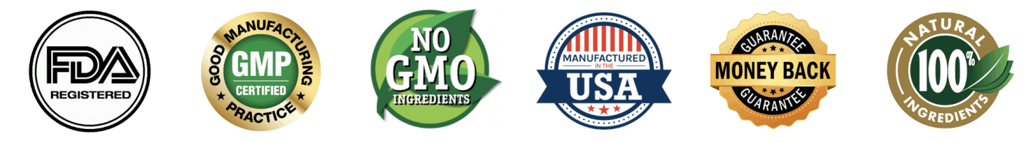 Trimoryn trust badges — FDA registered facility, GMP certified, 60-day money-back guarantee