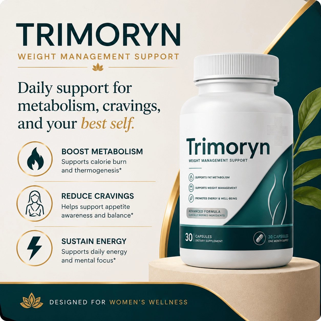 Trimoryn supplement bottle — daily metabolism, appetite, and gut wellness support for women over 40