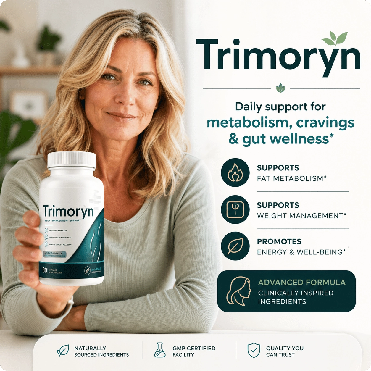 Confident woman over 40 starting her daily Trimoryn metabolism and gut wellness routine
